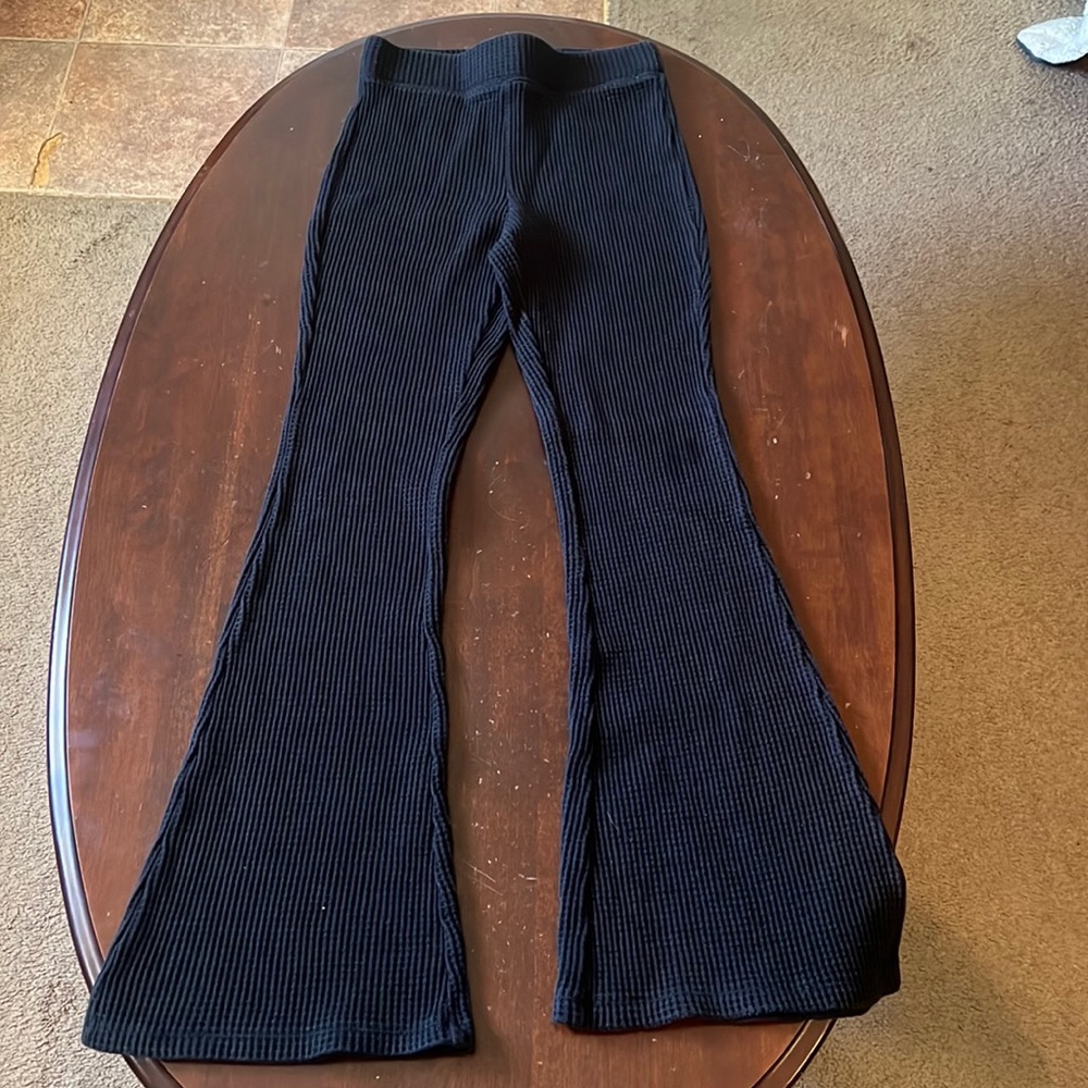 Aerie Black Waffle Knit Flared Pants